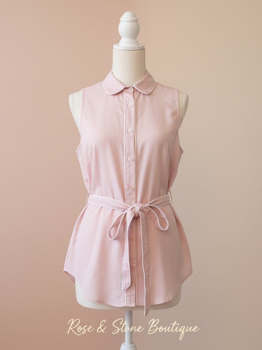 Next With Love Blush Pink Sleeveless Button Blouse |Tie Waist |White Piping - 6